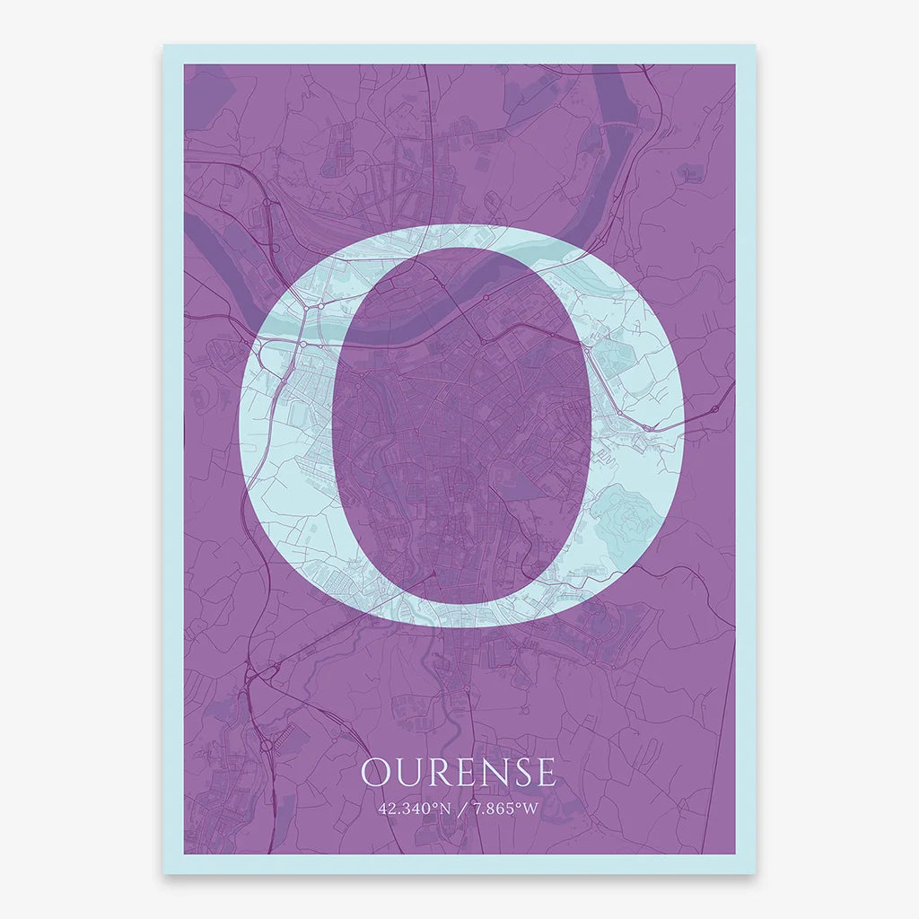 Decorative map of Ourense composed with letters in serif font printed on purple and light blue