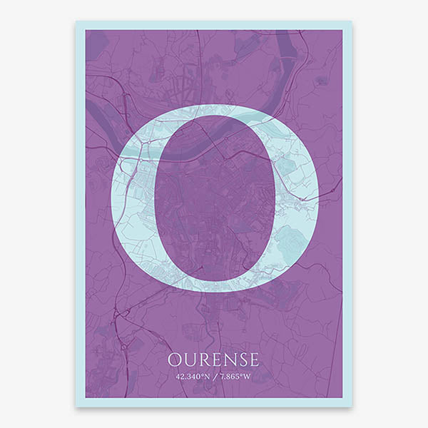 Decorative map of Ourense composed with letters in serif font printed on purple and light blue