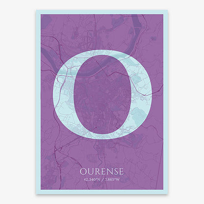 Decorative map of Ourense composed with letters in serif font printed on purple and light blue