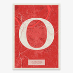 Decorative map of Ourense composed with letters in serif font printed on red and an off-white background