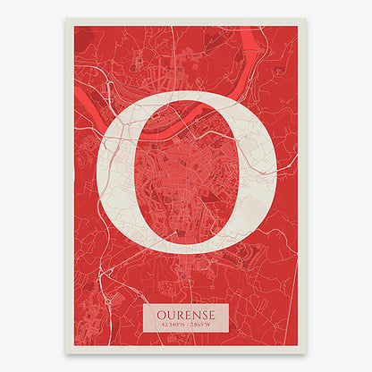 Decorative map of Ourense composed with letters in serif font printed on red and an off-white background