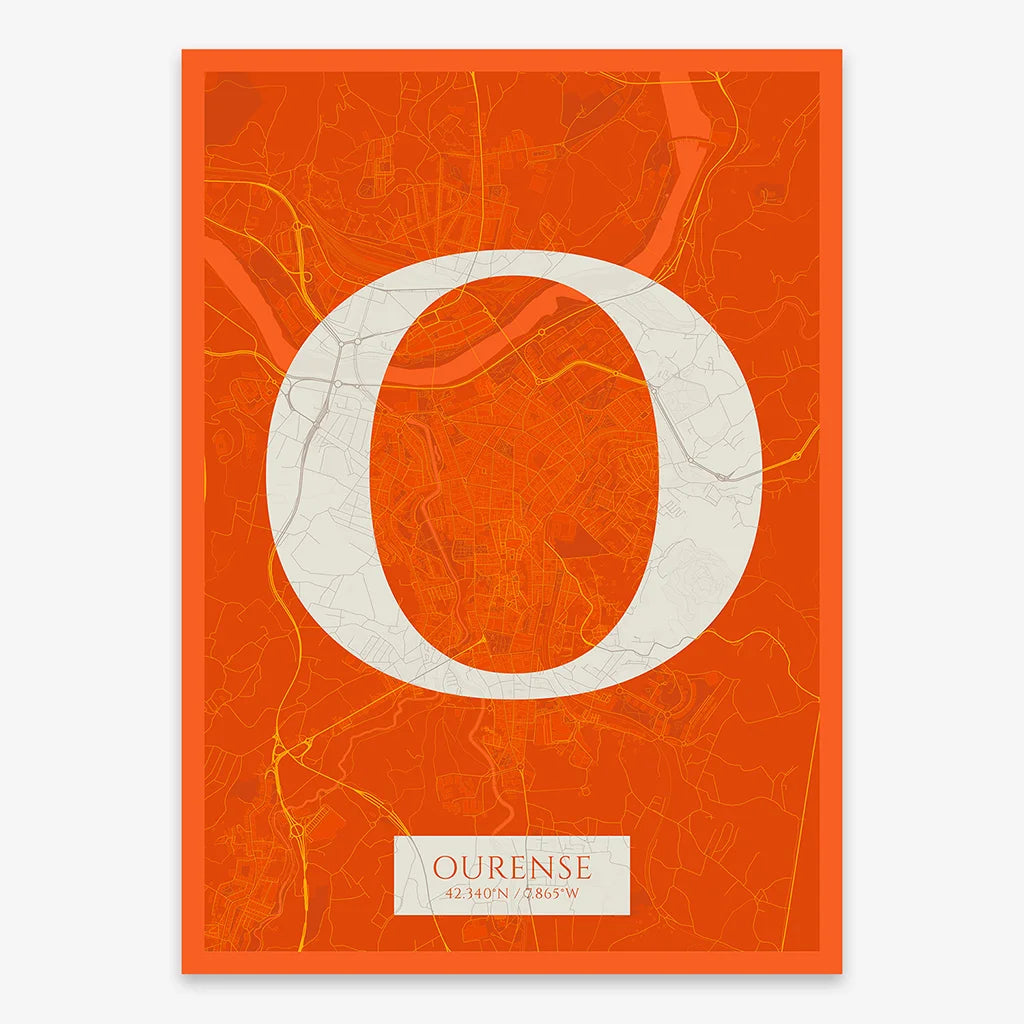 Decorative map of Ourense composed with letters in serif font printed on orange and an off-white background