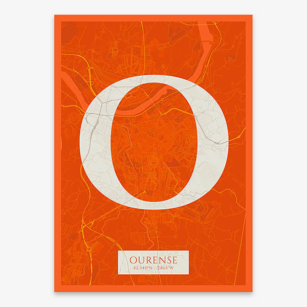 Decorative map of Ourense composed with letters in serif font printed on orange and an off-white background