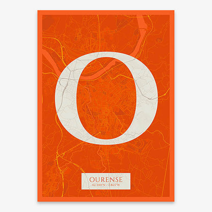 Decorative map of Ourense composed with letters in serif font printed on orange and an off-white background