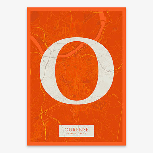 Decorative map of Ourense composed with letters in serif font printed on orange and an off-white background