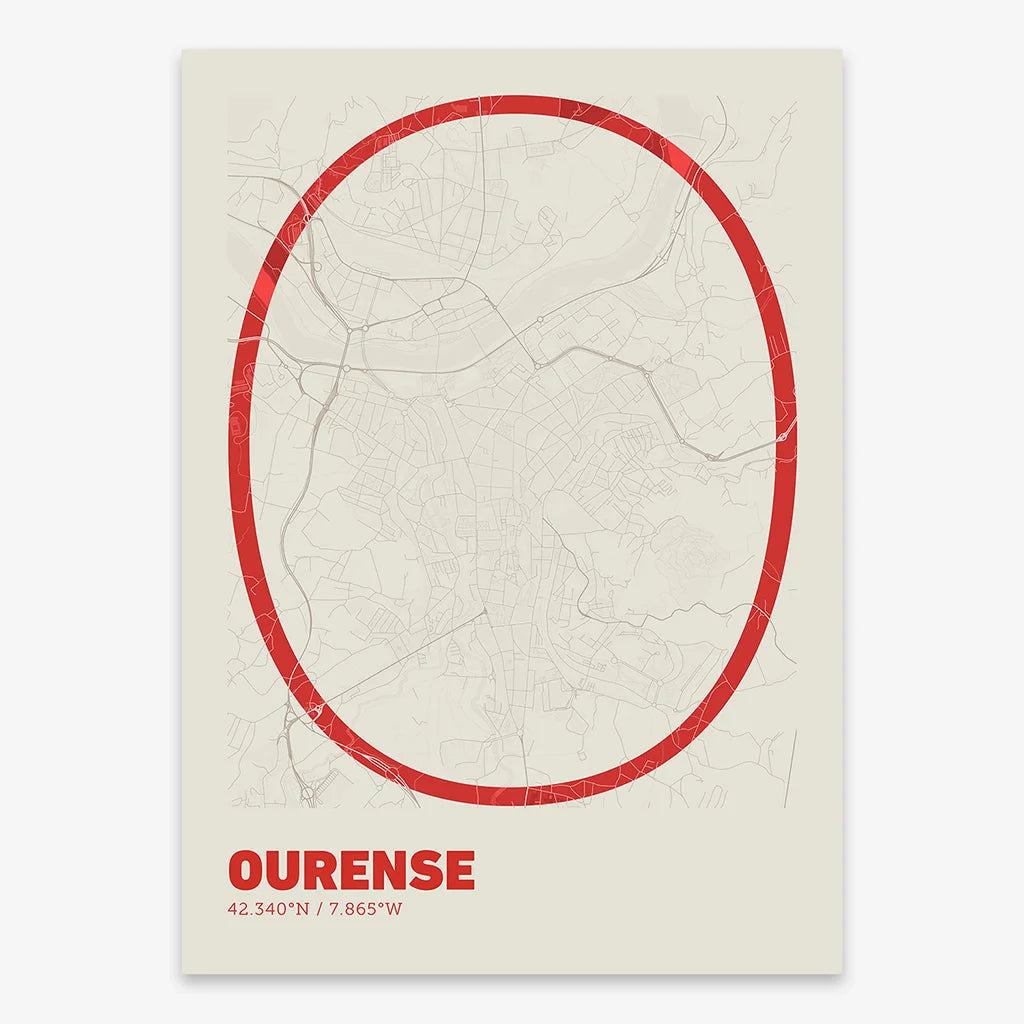 Poster of Ourense composed with letters in extra light font printed on red and an off-white background