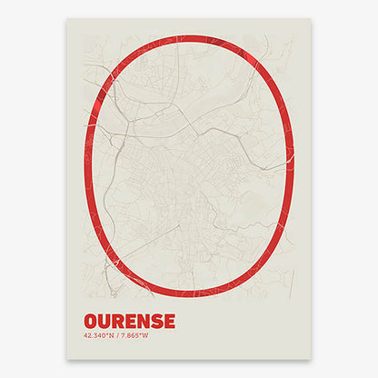 Poster of Ourense composed with letters in extra light font printed on red and an off-white background