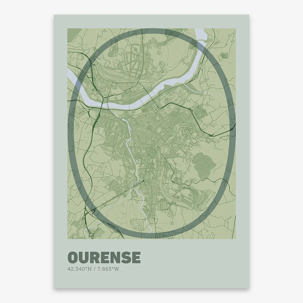 Poster of Ourense composed with letters in extra light font printed on two green tones