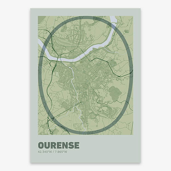 Poster of Ourense composed with letters in extra light font printed on two green tones