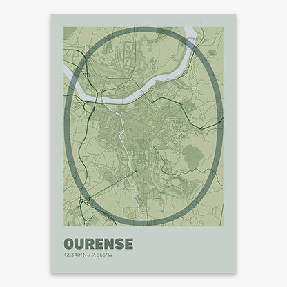 Poster of Ourense composed with letters in extra light font printed on two green tones