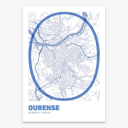 Poster of Ourense composed with letters in extra light font printed on navy blue and white