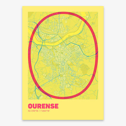 Poster of Ourense composed with letters in extra light font printed on yellow and fuchsia