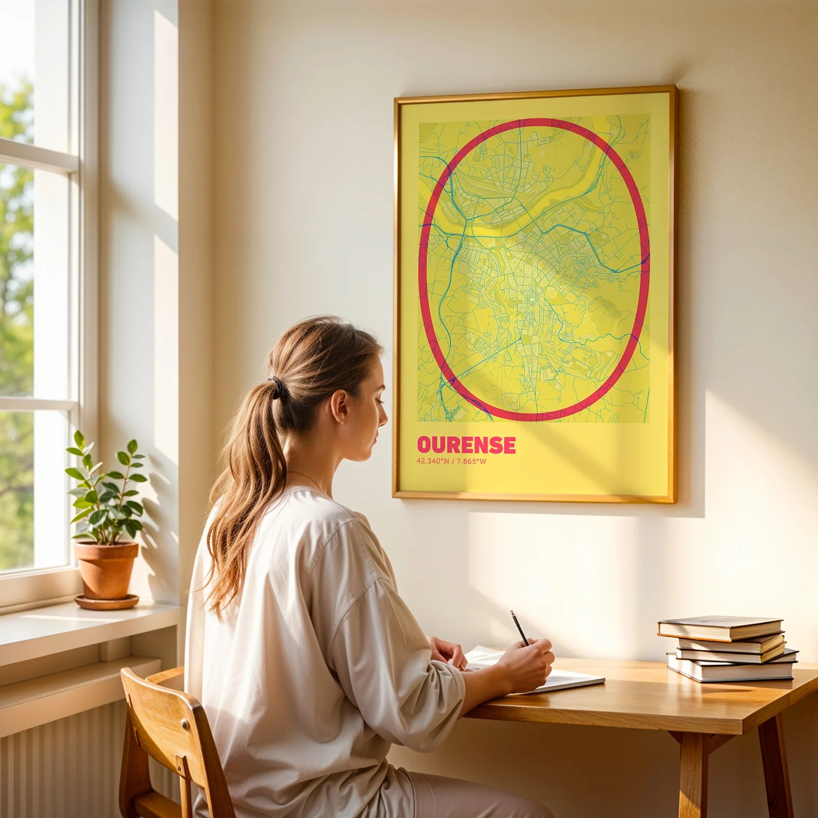Diseño de interiores moderno con la lámina de Ourense en el diseño la Ultrafina, una estética minimalista que combina cartografía urbana con letras modernas, finas y elegantes diseñado en amarillo y fucsia, expuesto en la pared de un salón