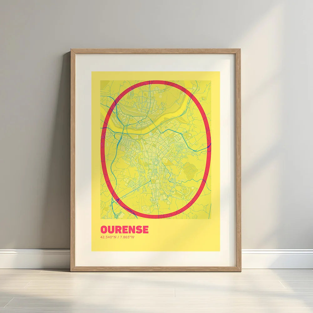 Framed Ourense in Ultralight design, a minimalist aesthetic combining urban cartography with modern, extra-thin elegant lettering designed in yellow and fuchsia with a white margin border in a warm lit minimalist setting