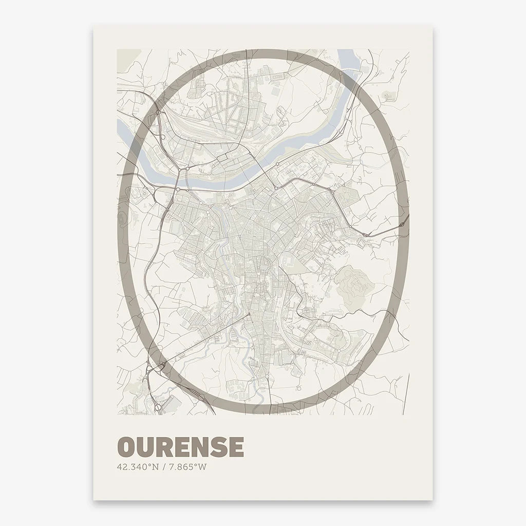 Poster of Ourense composed with letters in extra light font printed on light brown and an off-white background