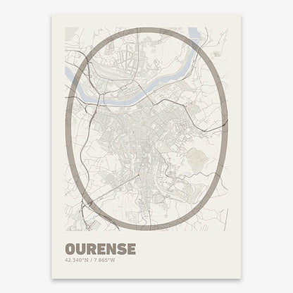 Poster of Ourense composed with letters in extra light font printed on light brown and an off-white background