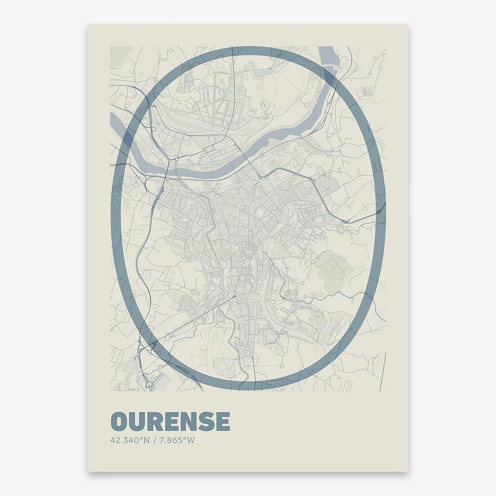 Poster of Ourense composed with letters in extra light font printed on bluish gray and an off-white background