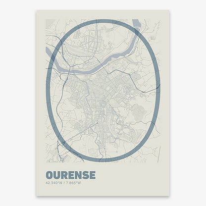 Poster of Ourense composed with letters in extra light font printed on bluish gray and an off-white background