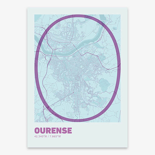 Poster of Ourense composed with letters in extra light font printed on purple and light blue