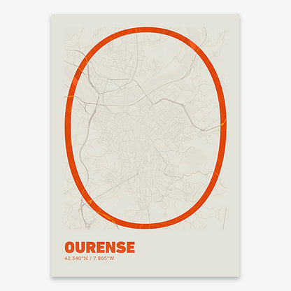 Poster of Ourense composed with letters in extra light font printed on orange and an off-white background