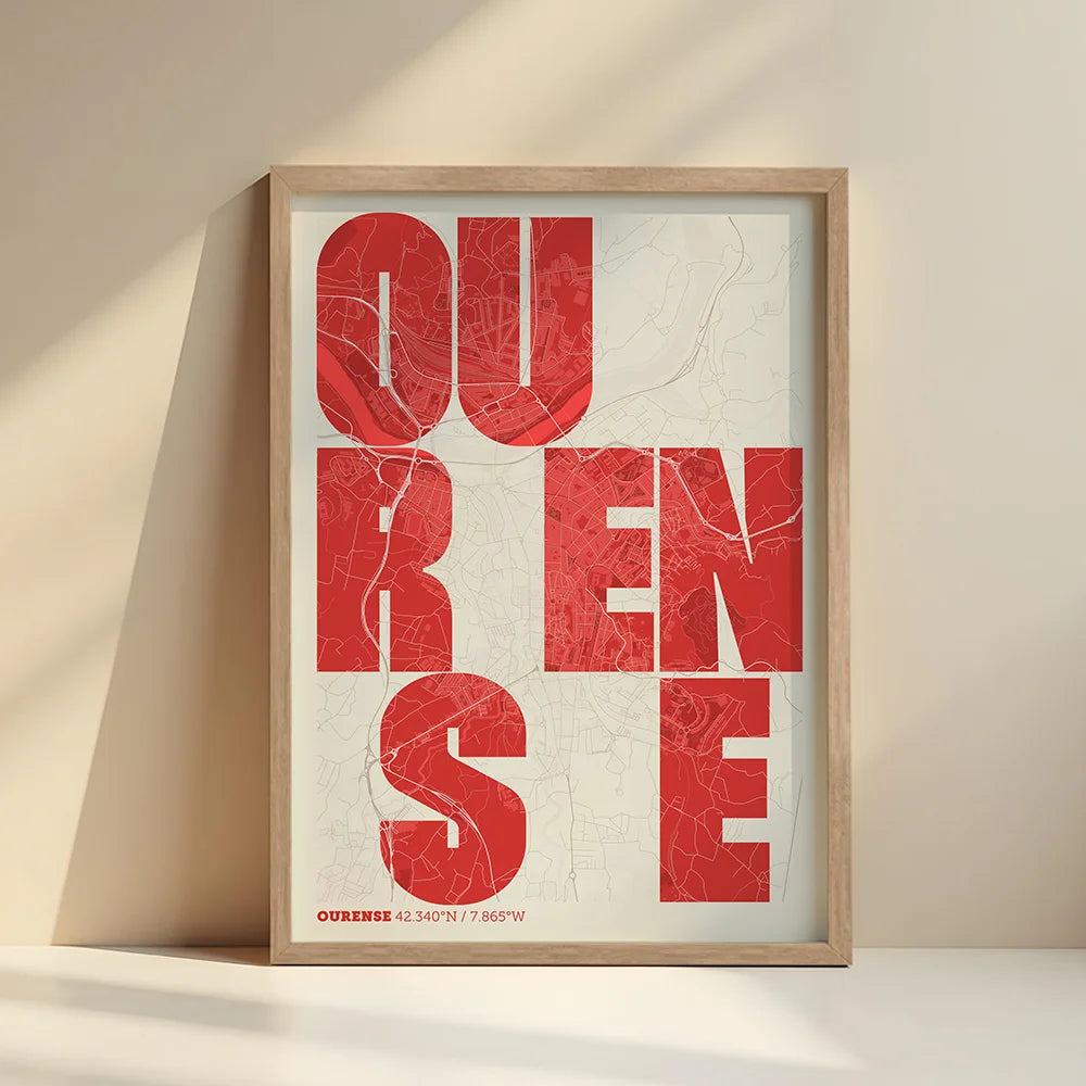 Lámina creativa de Ourense – Diseño gráfico y tipografía sobre mapa