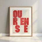 Framed Ourense in Unruled design, where the city name letters appear randomly across different lines for a truly original urban layout designed in red and an off-white background with a white margin border in a warm lit minimalist setting