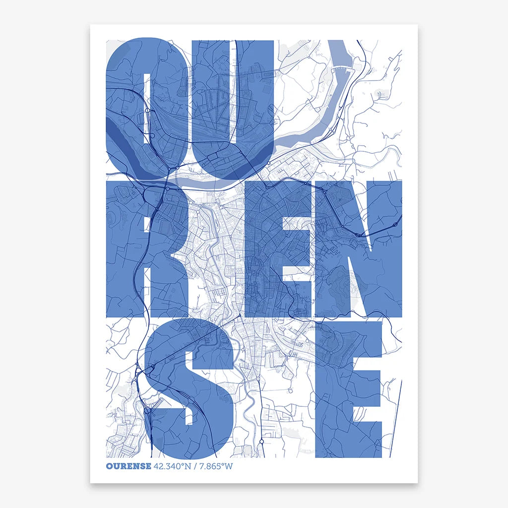 Decorative print of Ourense with letters of its name placed randomly, designed in navy blue and white