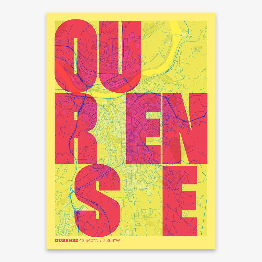 Decorative print of Ourense with letters of its name placed randomly, designed in yellow and fuchsia