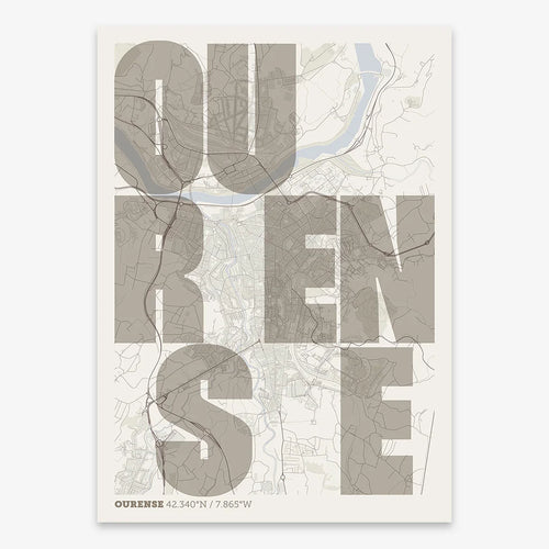Mapa de Ourense en el diseño la Revoltosa, donde las letras del nombre aparecen aleatoriamente en diferentes líneas para un diseño urbano realmente original diseñado en marrón claro y fondo blanco roto