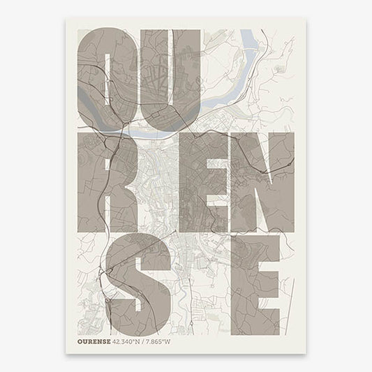 Decorative print of Ourense with letters of its name placed randomly, designed in light brown and an off-white background