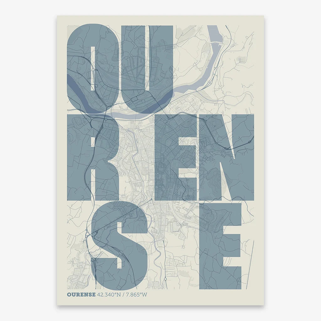 Decorative print of Ourense with letters of its name placed randomly, designed in bluish gray and an off-white background
