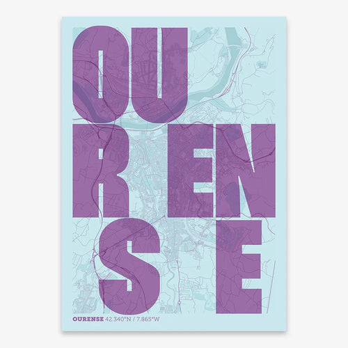 Mapa de Ourense en el diseño la Revoltosa, donde las letras del nombre aparecen aleatoriamente en diferentes líneas para un diseño urbano realmente original diseñado en púrpura y azul claro