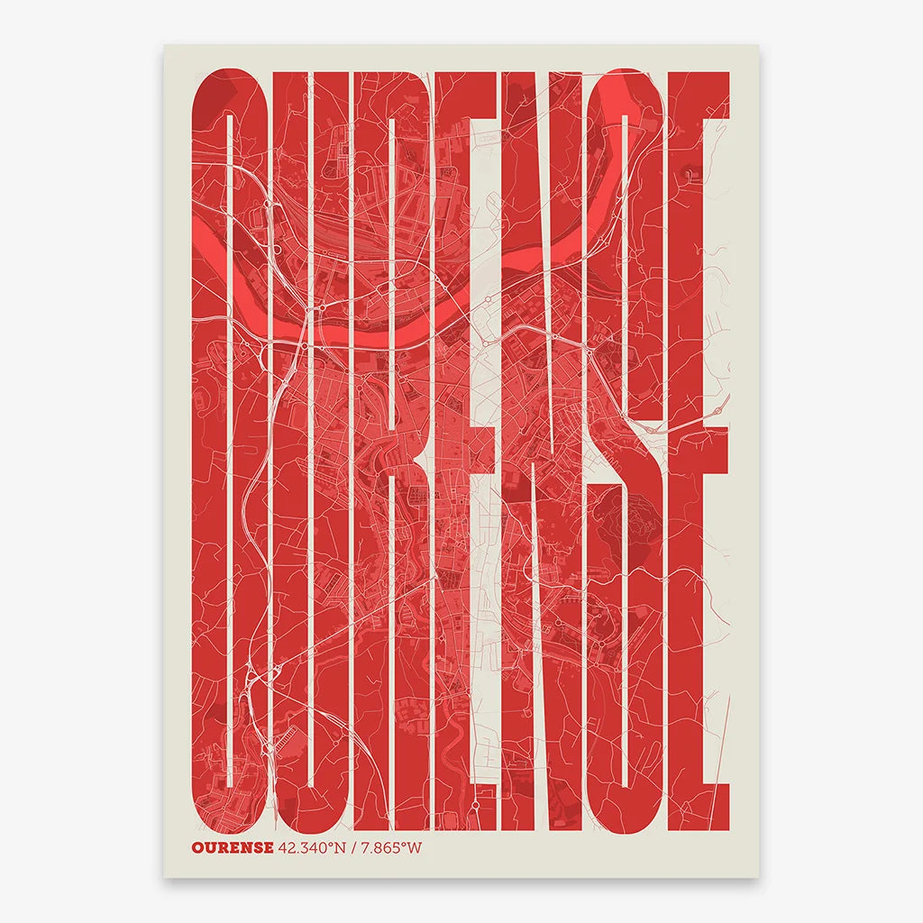 Decorative map of Ourense and letters of its name in a giclée print designed in red and an off-white background