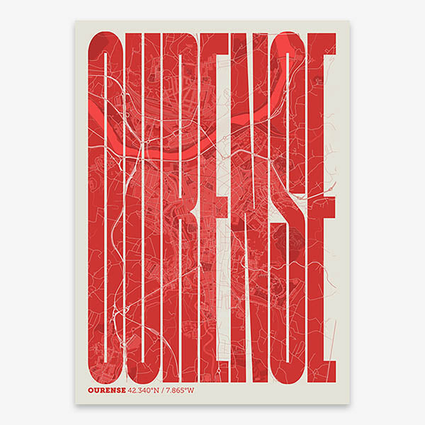 Decorative map of Ourense and letters of its name in a giclée print designed in red and an off-white background