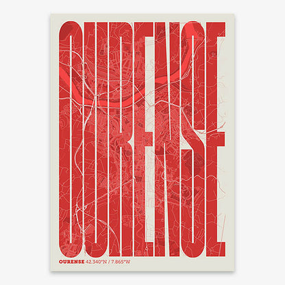 Decorative map of Ourense and letters of its name in a giclée print designed in red and an off-white background