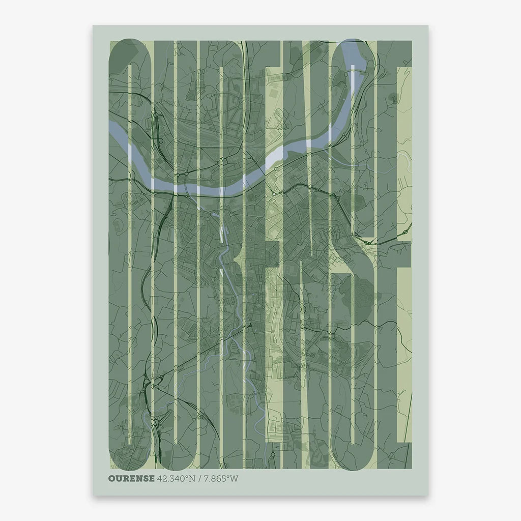 Decorative map of Ourense and letters of its name in a giclée print designed in two green tones