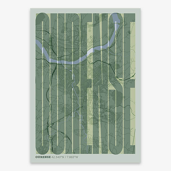 Decorative map of Ourense and letters of its name in a giclée print designed in two green tones