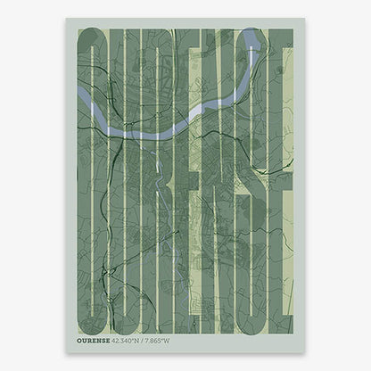 Decorative map of Ourense and letters of its name in a giclée print designed in two green tones