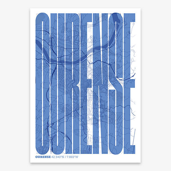 Decorative map of Ourense and letters of its name in a giclée print designed in navy blue and white