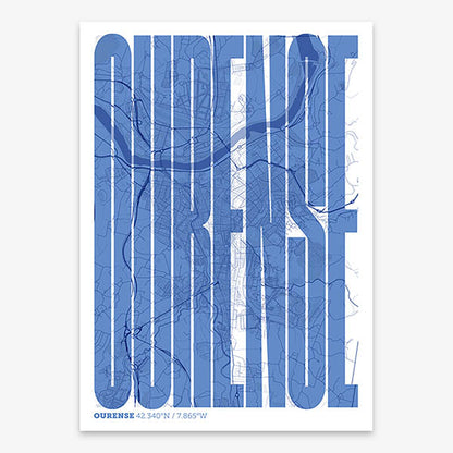 Decorative map of Ourense and letters of its name in a giclée print designed in navy blue and white
