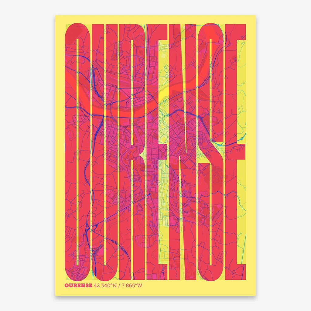 Decorative map of Ourense and letters of its name in a giclée print designed in yellow and fuchsia