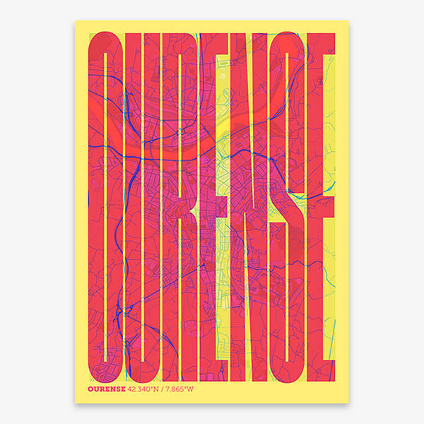 Decorative map of Ourense and letters of its name in a giclée print designed in yellow and fuchsia