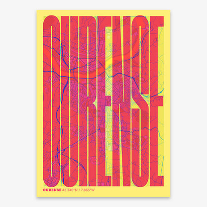 Decorative map of Ourense and letters of its name in a giclée print designed in yellow and fuchsia