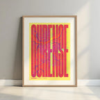 Framed Ourense in Extra Compressed design, where the letters are tightly squeezed to fit the city's map shape designed in yellow and fuchsia with a white margin border in a warm lit minimalist setting