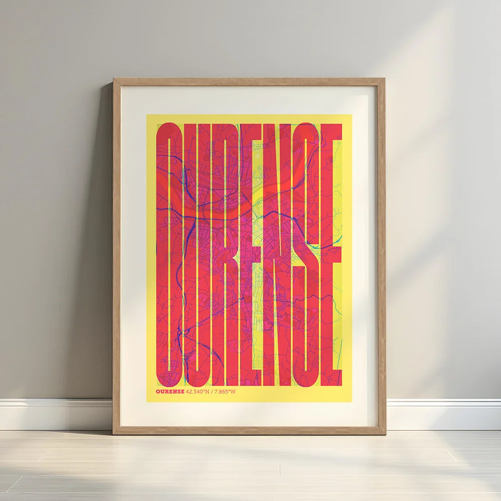 Framed Ourense in Extra Compressed design, where the letters are tightly squeezed to fit the city's map shape designed in yellow and fuchsia with a white margin border in a warm lit minimalist setting