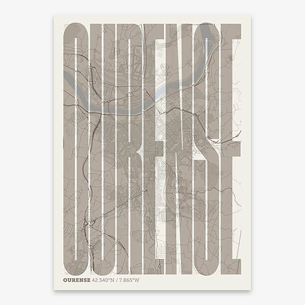Decorative map of Ourense and letters of its name in a giclée print designed in light brown and an off-white background