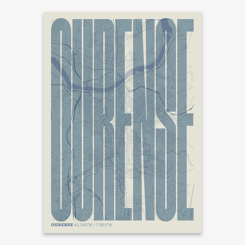 Decorative map of Ourense and letters of its name in a giclée print designed in bluish gray and an off-white background
