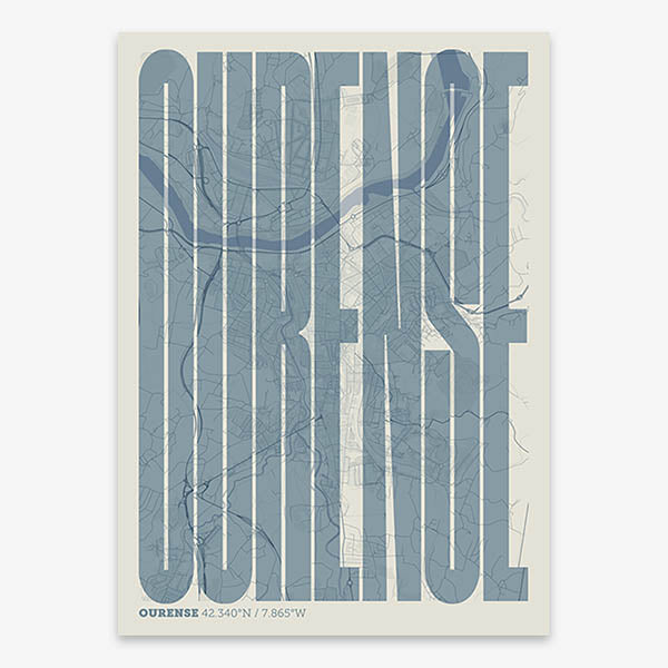 Decorative map of Ourense and letters of its name in a giclée print designed in bluish gray and an off-white background