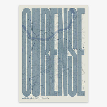 Decorative map of Ourense and letters of its name in a giclée print designed in bluish gray and an off-white background