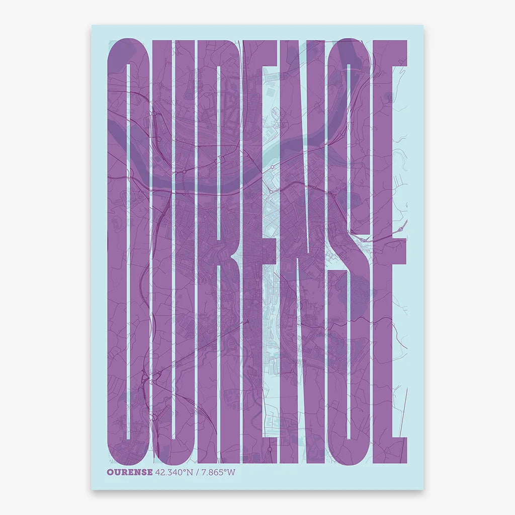 Decorative map of Ourense and letters of its name in a giclée print designed in purple and light blue